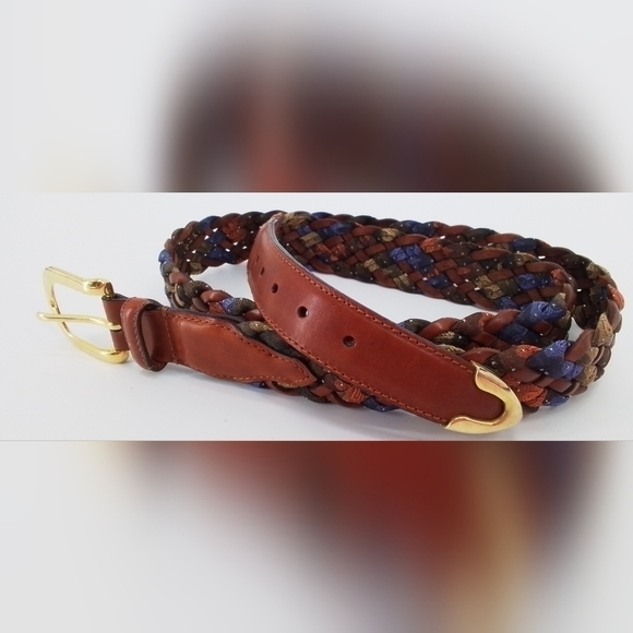 VTG Mens Brown Leather Brass Buckle & End BLUE Woven MULTICOLORED BELT sz 44 - Picture 2 of 3